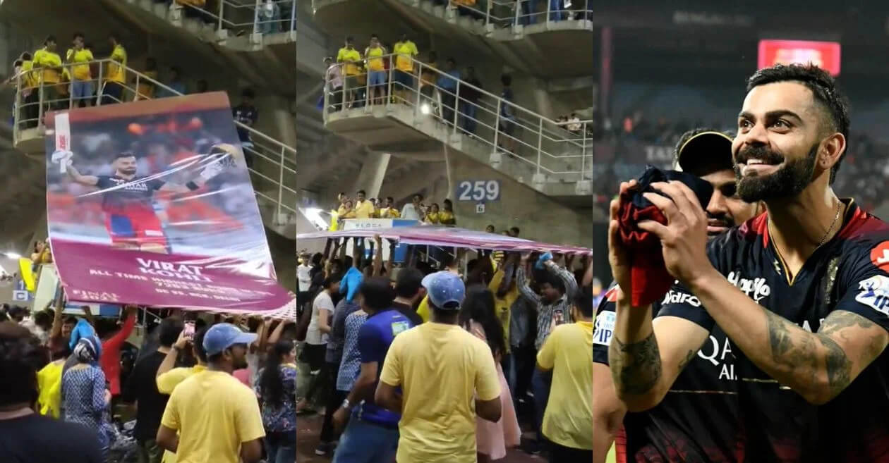 As the IPL 2023 final is postponed to reserve day, Virat Kohli's massive poster comes to the rescue, shielding fans from the rain.