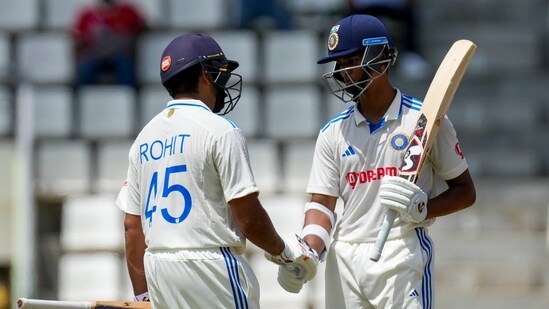 Yashasvi Jaiswal takes a bow after scoring a century on Test debut